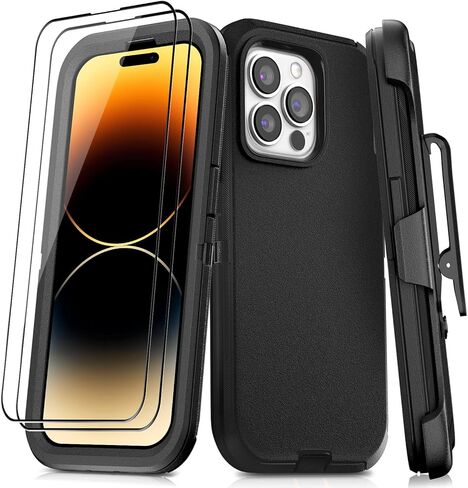 JGS for iPhone 14 Pro Max Case, Military Grade 3 in 1 Heavy Duty Shockproof/Drop Proof/Dust Proof Case with 2Pcs Tempered Glass Screen Protector for Apple iPhone 14 Pro Max (6.7") Black in Saudi Arabia