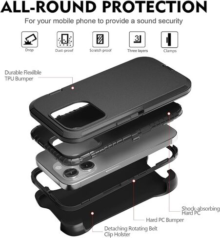 JGS for iPhone 14 Pro Max Case, Military Grade 3 in 1 Heavy Duty Shockproof/Drop Proof/Dust Proof Case with 2Pcs Tempered Glass Screen Protector for Apple iPhone 14 Pro Max (6.7") Black in Saudi Arabia