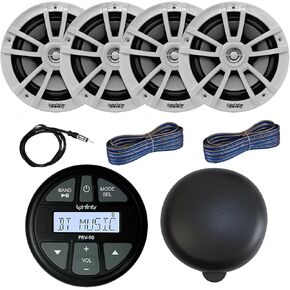 Infinity Marine Gauge Style AM/FM Bluetooth AUX/USB Stereo Receiver, Two Pair (4) 6.5" 225 Watt 2-Way White Boat Speakers, Protective Stereo Cover, 22" Radio Antenna