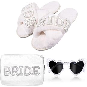 تشتمل مجموعة هدايا Bride To Be على شباشب ناعمة من حجر الراين وحروف BRIDE Bride وحقيبة مكياج العروس الشفافة ونظارات شمسية على شكل قلب أبيض لأحذية يوم الزفاف، وهدايا حفل الزفاف، وهدية العازبة in Kuwait