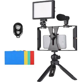 Andoer Smartphone Video Rig Vlog Kit Including Smartphone Cage with Phone Clamp 3 Cold Shoe Mounts USB LED Video Light 3200K-5600K Microphone Desktop Tripod Remote Shutter for Vlog Video Recording