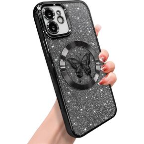 for iPhone 15 Pro Max Case Magnetic,for Women Girl Soft Cute Luxury Butterfly Pattern Plating Glitter Bling Phone Case Compatible with MagSafe Clear Shockproof Back Cover 6.7"-Pink