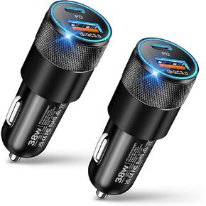 USB C Car Charger, 2 Pack 38W Dual Ports USB-C & USB-A Car Charger Adapter Fast Charging Cigarette Lighter USB Charger for iPhone 15 14 13 12, Samsung S24, Pixel Cargador Para Carro Phone Plug for Car