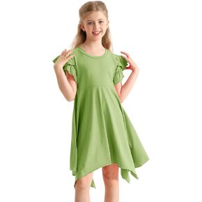 Girls Casual Dresses Summer Crew Neck Double Layer Ruffle Sleeve Cute High Low Swing Knee Wear for 4-13 Years