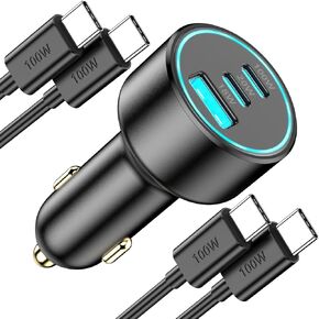USB C Car Charger for iPhone 15 Pro Max, 138W 3-Port Compact Car Charger Fast Charging Adapter with 2 Pack 100W USB C Cable for iPhone 15/15 Plus/15 Pro/15 Pro Max, MacBook Pro, iPad Pro, Galaxy S23