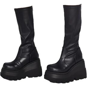 Platform Mid Calf Booties for Women Chunky High Heel Goth Boots Lace-up Punk Combat Motorcycle Wedges Boots For Women