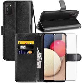 for Galaxy A02S Case, Galaxy A03S Wallet Case, with Screen Protector,PU Leather Wrist Strap Card Slots Soft TPU Protective Flip Cover Phone Case for Samsung Galaxy A02S /A03s(US Version),Black
