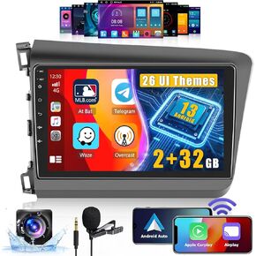 Fuluku【for Honda Civic 2012-2015】 Car Stereo with Wireless Carplay Android Auto, 9" Touch Screen Radio Dash Kit GPS Navigation WiFi Bluetooth SWC Mirror Link, Mic Backup Camera