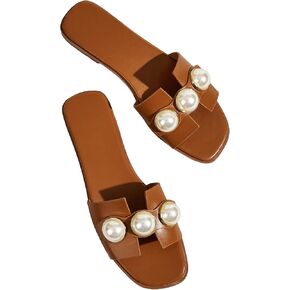 Verdusa Women's Cut Out Pearls Flat Sandals Square Toe Slip On Slides