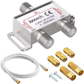 Justech 2 Way TV Aerial Coax Splitter Coaxial Cable Splitter 5-2400MHz with 1.5m Coax Cable F Plugs (Silver)