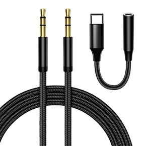 xiwxi 3.5mm Audio Cable Male to Male,with Type C to 3.5mm Female Jack Adapter,Audio Auxiliary Input AUX Cord Nylon Braided for Headphones,Car,Home Stereos,Speaker,iPhone,iPad,iPod,Echo–Black