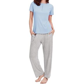 Ekouaer Womens Pajamas Sets Soft Ribbed Knit PJs Short Sleeve Tops and Plaid Pants Matching Sets Lounge Set