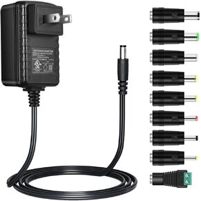 Security-01 Universal 12V 2A Power Supply Charger with 9X Adapter DC Connectors,DC12V 2000mA Power Adapter for LED Strip Light,CCTV Camera,Piano Keyboard and More,24Watt,UL Listed (5ft/1.5m)