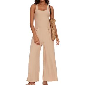 KEOMUD Women's Summer Sleeveless Jumpsuits Casual High Waist Square Neck Wide Leg Long Pants Rompers