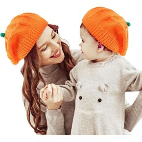June Bloomy 2Pcs Mom and Baby Pumpkin Beret Hat Halloween Knit Cap Thanksgiving Crochet Warm Cap