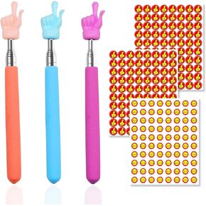 3pcs Retractable Teacher Pointer Stick+150 Bonus Stickers,Telescoping Hand Pointer,Handheld Presenter pointer stick for Classroom Finger Pointer Classroom Supplies,Interesting Presentation Pointer。