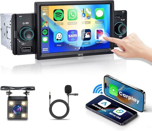 راديو Din واحد مع Apple Carplay Android Auto، Podofo 5 بوصة HD شاشة تعمل باللمس ستيريو سيارة مع وصلة مرآة راديو FM بلوتوث/USB/TF/AUX-in أجهزة استقبال الصوت مع كاميرا احتياطية عالية الدقة وميكروفون خارجي in Saudi Arabia