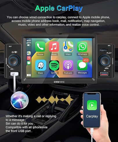 راديو Din واحد مع Apple Carplay Android Auto، Podofo 5 بوصة HD شاشة تعمل باللمس ستيريو سيارة مع وصلة مرآة راديو FM بلوتوث/USB/TF/AUX-in أجهزة استقبال الصوت مع كاميرا احتياطية عالية الدقة وميكروفون خارجي in Saudi Arabia