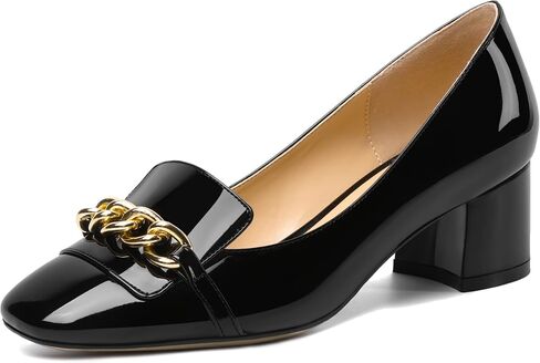 Womens Slip On Square Toe Metal Chain Office Loafers Patent Chunky Low Heel Pumps Shoes 2 Inch in Saudi Arabia