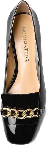 Womens Slip On Square Toe Metal Chain Office Loafers Patent Chunky Low Heel Pumps Shoes 2 Inch in Saudi Arabia