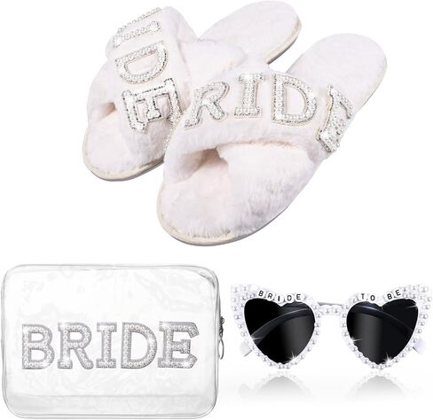 تشتمل مجموعة هدايا Bride To Be على شباشب ناعمة من حجر الراين وحروف BRIDE Bride وحقيبة مكياج العروس الشفافة ونظارات شمسية على شكل قلب أبيض لأحذية يوم الزفاف، وهدايا حفل الزفاف، وهدية العازبة in Kuwait