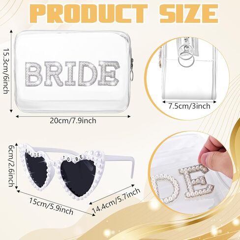 تشتمل مجموعة هدايا Bride To Be على شباشب ناعمة من حجر الراين وحروف BRIDE Bride وحقيبة مكياج العروس الشفافة ونظارات شمسية على شكل قلب أبيض لأحذية يوم الزفاف، وهدايا حفل الزفاف، وهدية العازبة in Kuwait