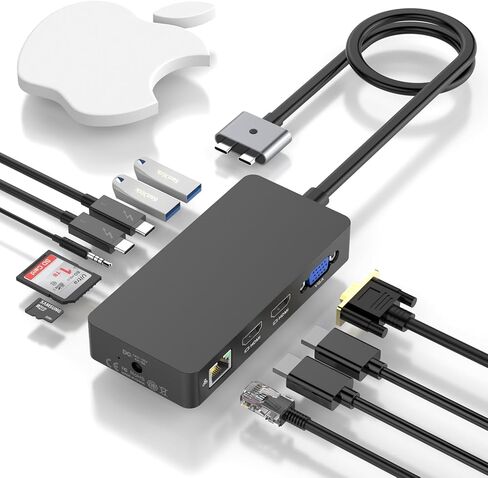 محطة إرساء MacBook Pro ثلاثية شاشات HDMI + VGA مزدوجة، قاعدة إرساء MacBook Pro Air 12 في 2، شاشات متعددة لجهاز MacBook Pro/Air مع شرائح Intel، شاشات فردية لجهاز MacBook Pro/Air مع شرائح M in Kuwait