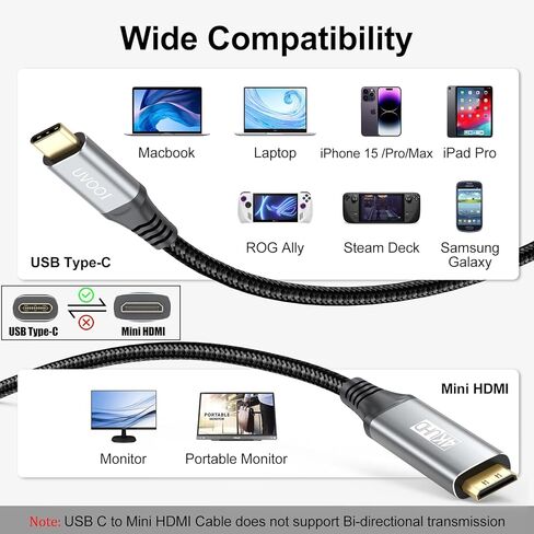 كابل USB C إلى Mini HDMI بطول 3 أقدام، سلك 4K USB من النوع C إلى Mini HDMI 2.0 عالي السرعة (4K@30 هرتز، 2K@60 هرتز، 1080P، HDR، ثلاثي الأبعاد، ARC) للشاشة المحمولة، MacBook، الكمبيوتر المحمول، iPhone 15/Pro/ ماكس، جالاكسي 24/23، آيباد برو in Kuwait