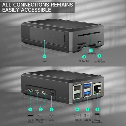حافظة ألومنيوم Miuzei Raspberry Pi 4، حافظة معدنية Raspberry Pi 4 Model B، حافظة مدرعة من سبيكة Pi 4B مع GPIO وعمود تبريد متوافق مع Raspberry pi 4 B 8gb 4gb- بدون لوحة Pi in Kuwait