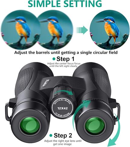 12x42 Roof Prism Binoculars for Adults -Large Eyepiece High Power Waterproof with Low Light Night-Professional HD Binoculars for Bird Watching Hunting Sports-BAK4 FMC Lens with Strap Carrying Bag in Saudi Arabia