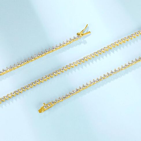 قلادات التنس للنساء|سلسلة تنس ألماس محاكاة 2 مم|3-Prong-Setting CZ|18 قيراط مطلي بالذهب الأبيض/الأصفر|الحجم 16-22 بوصة in Saudi Arabia