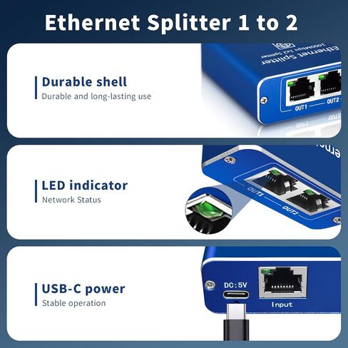 Ethernet Splitter 1 to 2 High Speed 1000Mbps, Gigabit Ethernet Splitter, LAN Splitter Dual LAN RJ45 Port Router Switch for Cat5/5e/6/7/8 Cable, IEEE 802.3 Compliant Plug and Play in Saudi Arabia