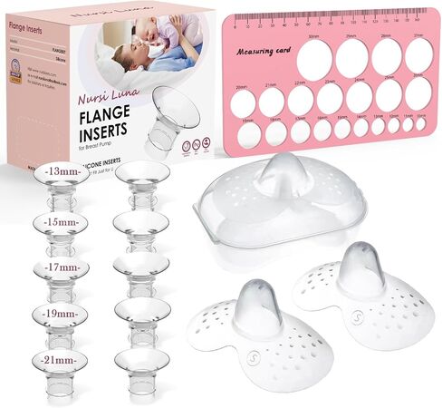 Flange Sizing Kit with Flange Inserts 13/15/17/19/21mm 10PCS, Nipple Measurement Tool and 2 18mm Silicone Shields, Breast Pump Flange Insert for 24mm Most Pumps, Pumping Breastfeeding Essentials in Saudi Arabia