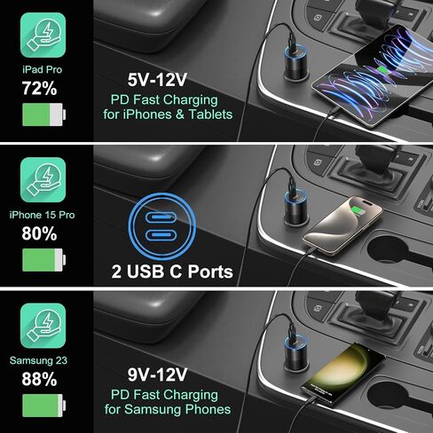 شاحن سيارة USB C 40 وات، شاحن سيارة Bangfun مزدوج المنفذ 12 فولت USB-C ولاعة السجائر قابس محول PD 3.0 شحن سريع من النوع C شاحن هاتف السيارة لهاتف iPhone 15 14 13 12 11 Pro Max iPad، سامسونج، بكسل (أسود) in Kuwait