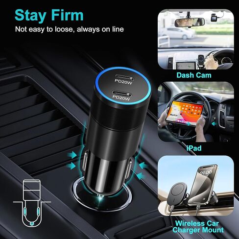 شاحن سيارة USB C 40 وات، شاحن سيارة Bangfun مزدوج المنفذ 12 فولت USB-C ولاعة السجائر قابس محول PD 3.0 شحن سريع من النوع C شاحن هاتف السيارة لهاتف iPhone 15 14 13 12 11 Pro Max iPad، سامسونج، بكسل (أسود) in Kuwait