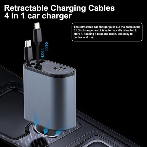 شاحن سيارة Amiss، كابلات قابلة للسحب وشاحن سيارة USB، ملحقات شاحن سيارة سريع 4 في 1، متوافق مع iPhone 15/14/13/12/11، وSamsung in Kuwait