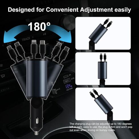 شاحن سيارة Amiss، كابلات قابلة للسحب وشاحن سيارة USB، ملحقات شاحن سيارة سريع 4 في 1، متوافق مع iPhone 15/14/13/12/11، وSamsung in Kuwait