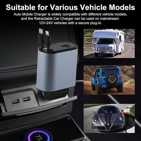 شاحن سيارة Amiss، كابلات قابلة للسحب وشاحن سيارة USB، ملحقات شاحن سيارة سريع 4 في 1، متوافق مع iPhone 15/14/13/12/11، وSamsung in Kuwait