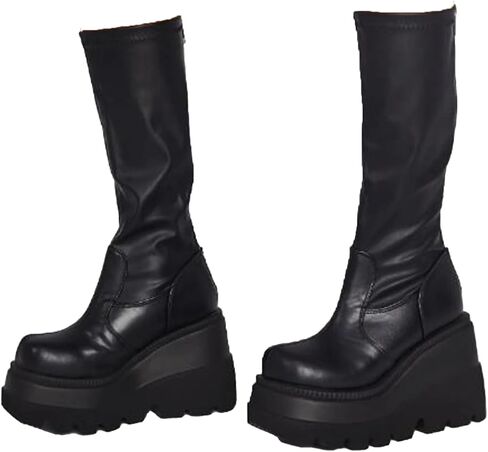 Platform Mid Calf Booties for Women Chunky High Heel Goth Boots Lace-up Punk Combat Motorcycle Wedges Boots For Women in Saudi Arabia