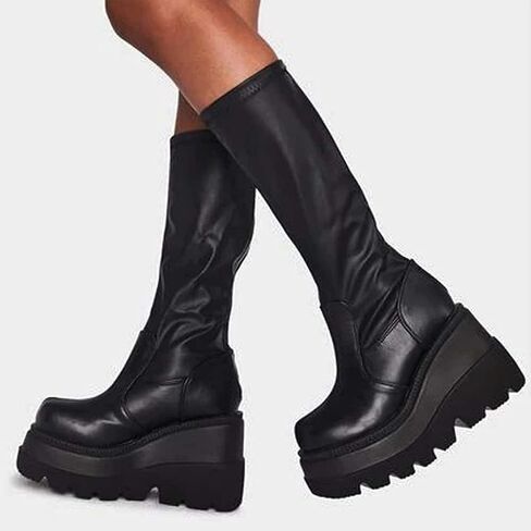 Platform Mid Calf Booties for Women Chunky High Heel Goth Boots Lace-up Punk Combat Motorcycle Wedges Boots For Women in Saudi Arabia