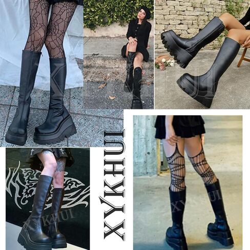 Platform Mid Calf Booties for Women Chunky High Heel Goth Boots Lace-up Punk Combat Motorcycle Wedges Boots For Women in Saudi Arabia