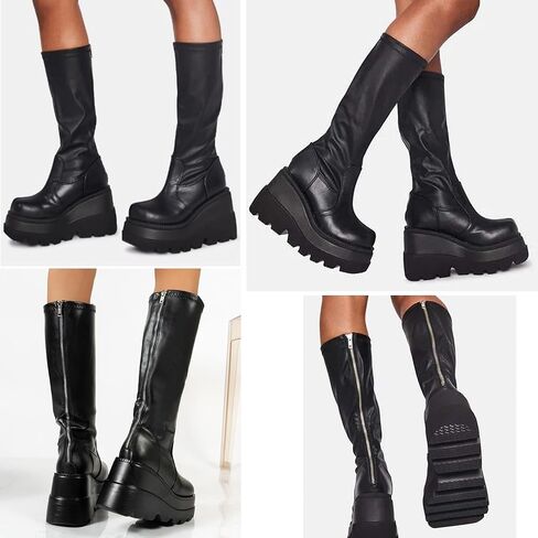Platform Mid Calf Booties for Women Chunky High Heel Goth Boots Lace-up Punk Combat Motorcycle Wedges Boots For Women in Saudi Arabia