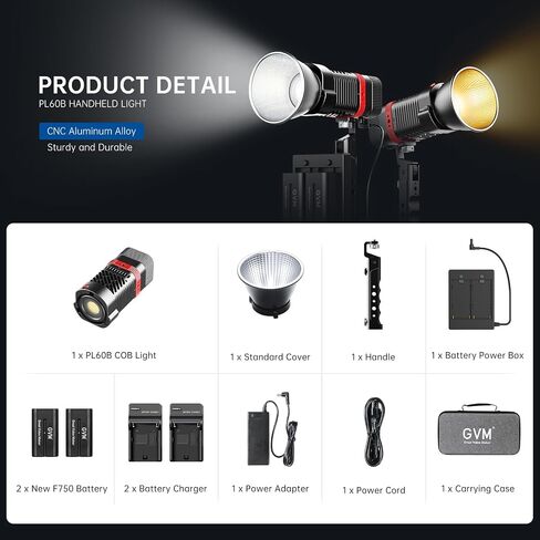 GVM PL60B 60W Video Light for COB Studio Lights, Portable Photography Lighting for Recording, Handheld Led Video Lighting, 2* Batteries, Spotlight for APP Control, Outdoor, 2700-6800K, 51800LUX/0.5M in Saudi Arabia