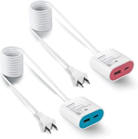 محطة شحن سريعة من UCOMEN مع منفذي USB، النوع A والنوع C. 5V 3.5A USB مع سلك تمديد 1.5 متر، تصميم محمول وفريد ​​من نوعه باللونين الأزرق والوردي - عبوتان in Saudi Arabia