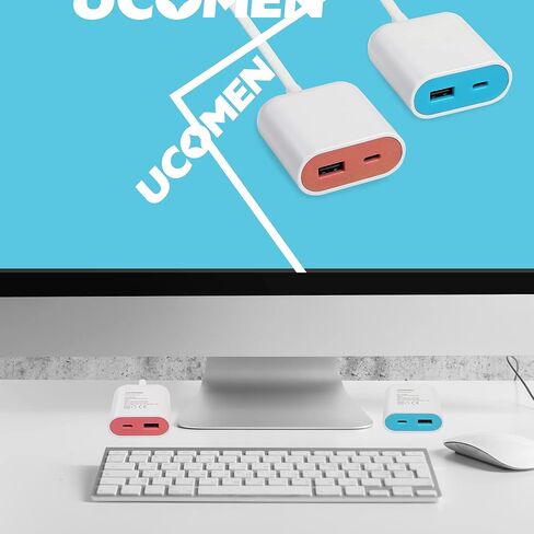 محطة شحن سريعة من UCOMEN مع منفذي USB، النوع A والنوع C. 5V 3.5A USB مع سلك تمديد 1.5 متر، تصميم محمول وفريد ​​من نوعه باللونين الأزرق والوردي - عبوتان in Saudi Arabia