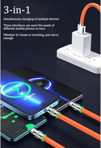 Orange 3 in 1 Multi USB Cable 100W Multi Charger Cable Fast Charging Cable Fast and Stable Charging to Various Mobile Phones with Type-C/Android/Charging Ports(2m/78.7inch) in Saudi Arabia