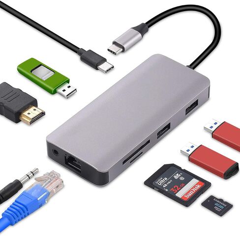 موزع USB C، محول متعدد المنافذ 9 في 1 USB 3.0، قاعدة جيجابت إيثرنت 100 وات PD 4K HDMI متوافقة مع أجهزة Macbook Pro/Air وChromebook وDell XPS وHP وأجهزة النوع C in Kuwait