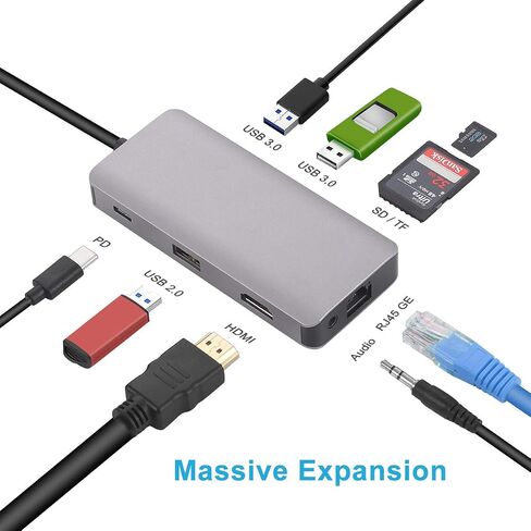 موزع USB C، محول متعدد المنافذ 9 في 1 USB 3.0، قاعدة جيجابت إيثرنت 100 وات PD 4K HDMI متوافقة مع أجهزة Macbook Pro/Air وChromebook وDell XPS وHP وأجهزة النوع C in Kuwait