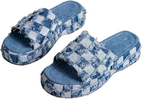Denim Checkered Platform Women Blue Jeans Sandals Summer Thick Bottom Slides Comfy Casual Non-slips Slippers in Saudi Arabia