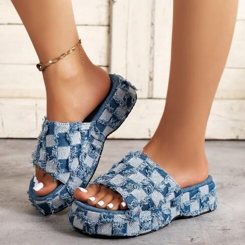 Denim Checkered Platform Women Blue Jeans Sandals Summer Thick Bottom Slides Comfy Casual Non-slips Slippers in Saudi Arabia